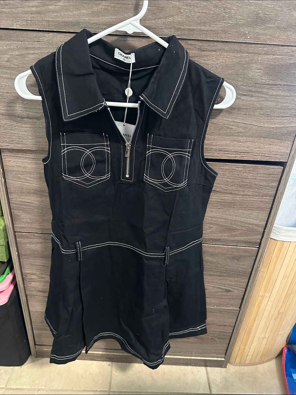 Black Sleeveless Zip-Front denim Dress with White Stitching size S